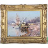 Circa 1880, an accomplished oil on panel river scene, possibly the Thames, moored masted vessels