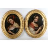 A pair of Victorian oval reverse glass painted portraits of young ladies, both in matching gilt