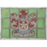 An Edwardian stained glass Leicester coat of arms panel taken from Leicester gates outfitters size