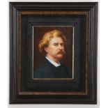 An oil painting portrait of American writer Mark Twain (Twain was the writer of Huckleberry Finn,