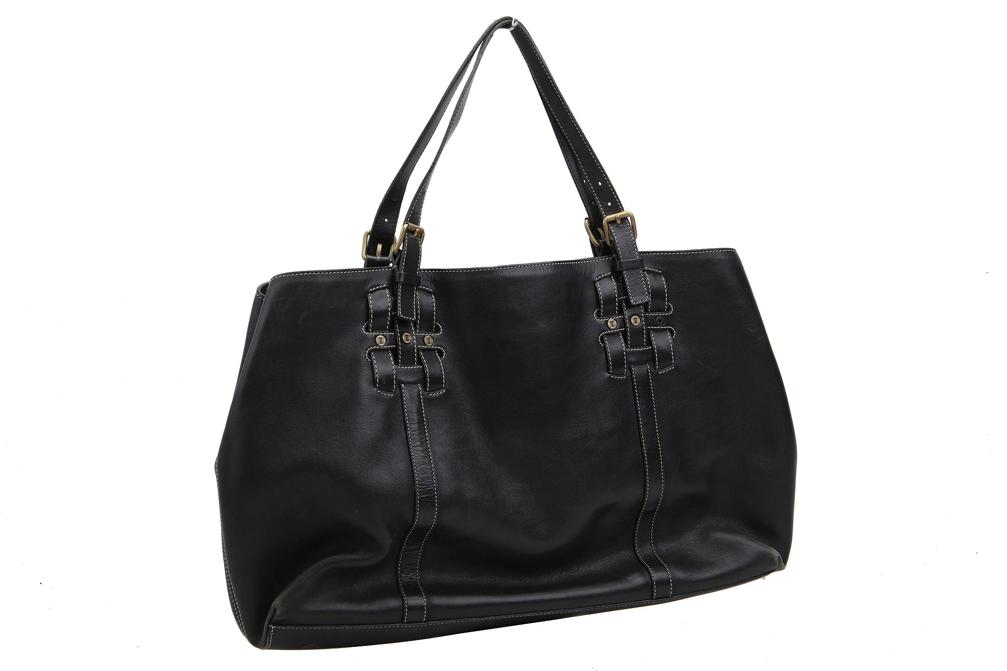 CELINE SHOPPER, black leather with white stitching, brass hardware, 48cm wide, 30cm high - Image 3 of 10