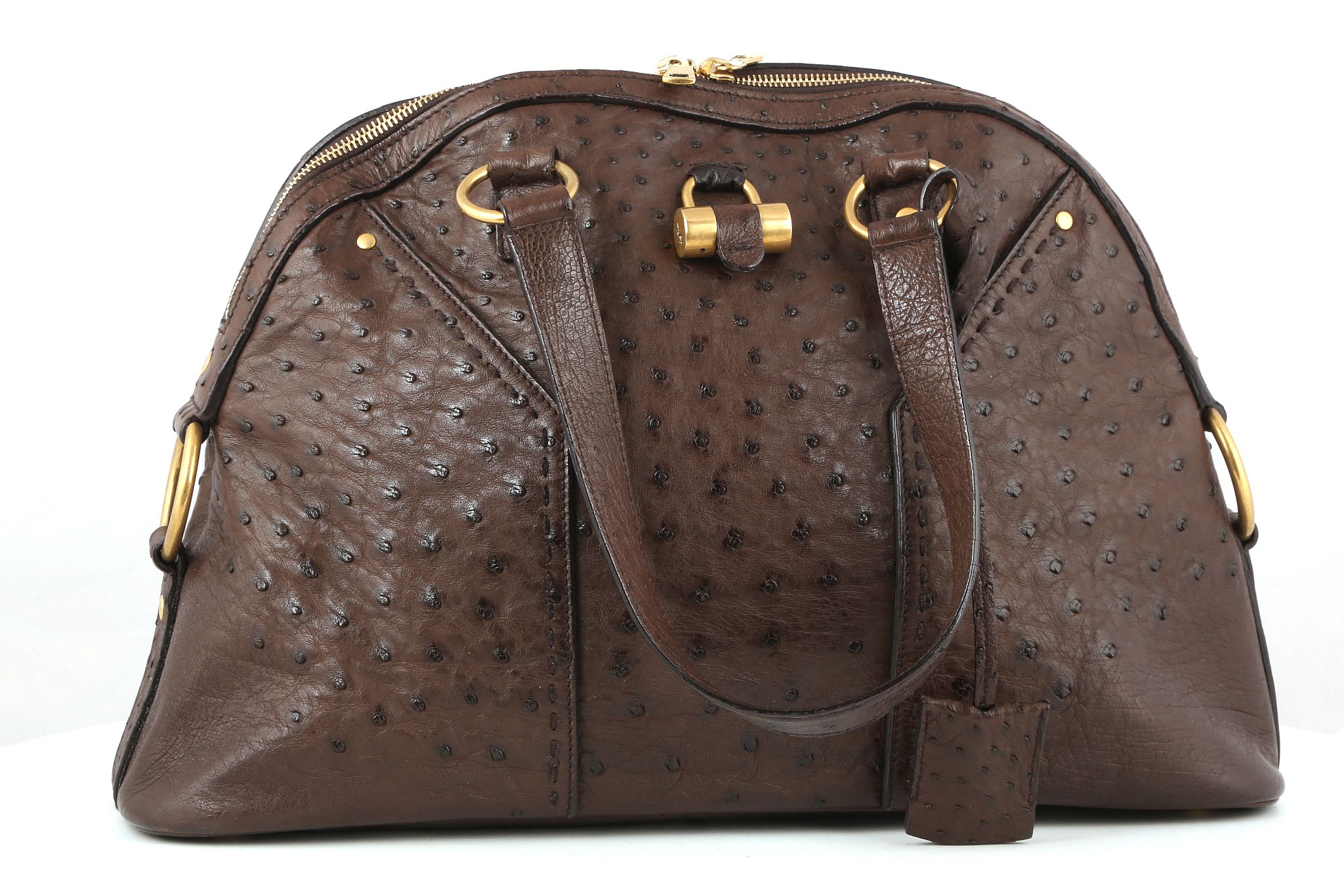 YVES SAINT LAURENT MUSE HANDBAG, brown ostrich skin with gilt metal hardware, 43cm wide, 28cm high - Image 2 of 16