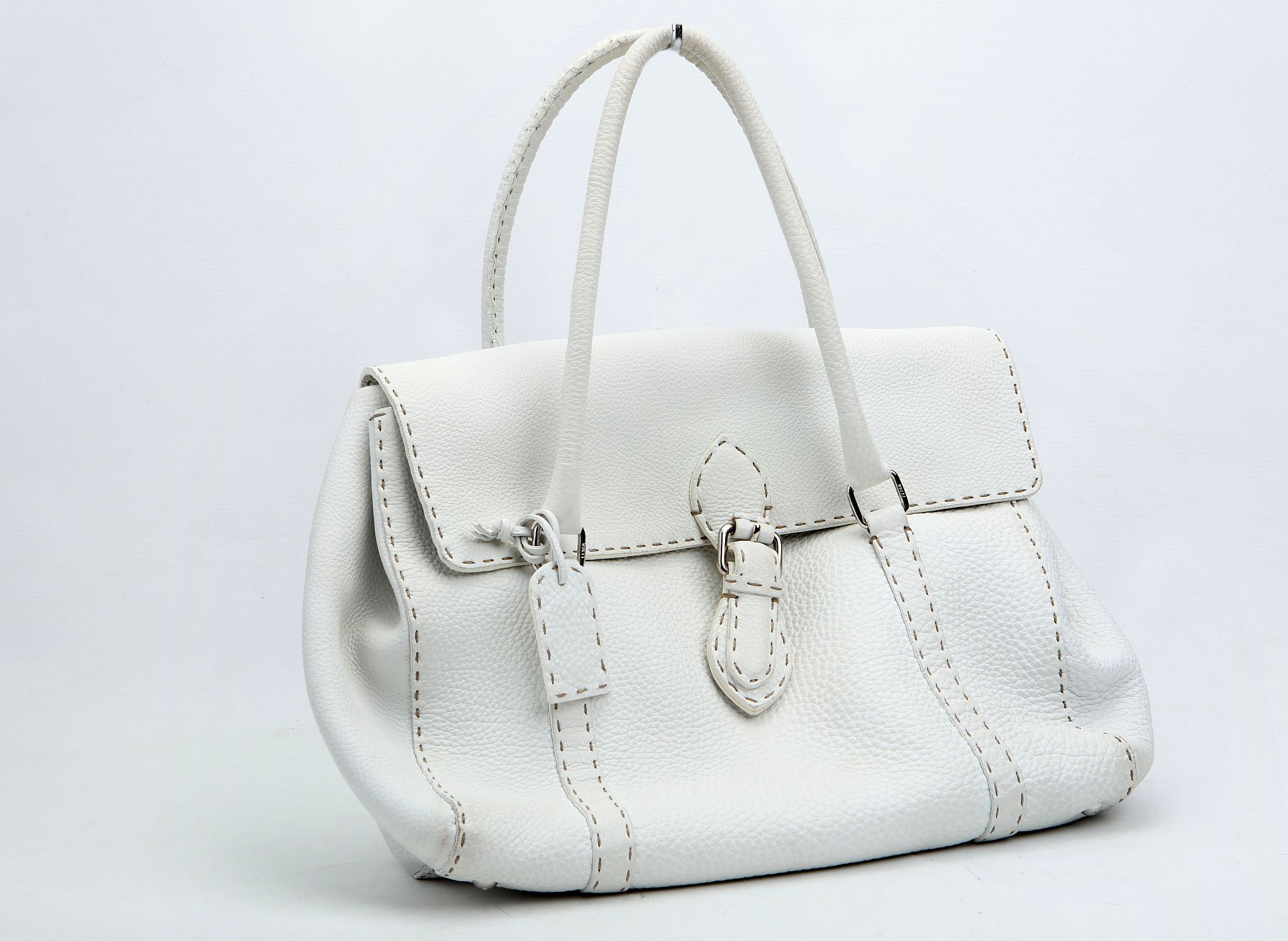 FENDI SELLERIA SHOULDER BAG, white stitched leather with silver tone hardware, 35cm wide, 30cm high,