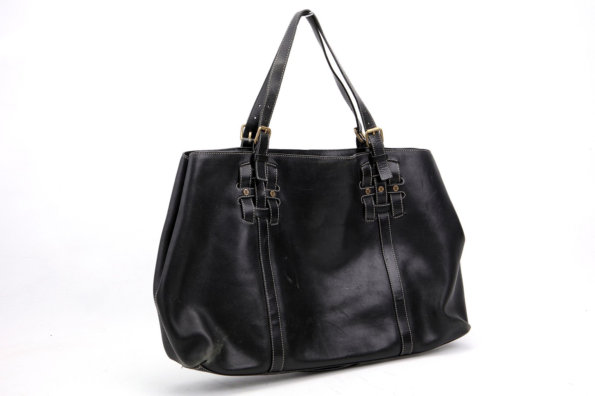 CELINE SHOPPER, black leather with white stitching, brass hardware, 48cm wide, 30cm high