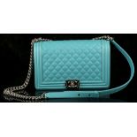 CHANEL TURQUOISE BOY HANDBAG, date code for 2014/15, quilted leather with silver tone hardware, 28cm