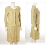 CHANEL SAND COLOURED SKIRT SUIT, unstructured wool mix, collarless jacket and knee length skirt,