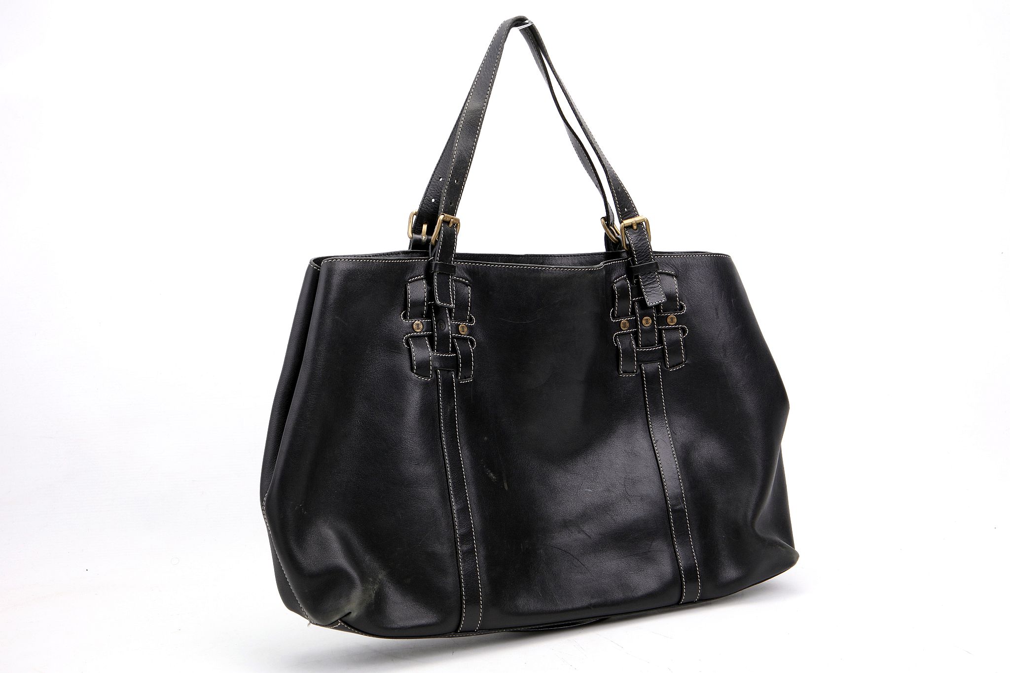 CELINE SHOPPER, black leather with white stitching, brass hardware, 48cm wide, 30cm high - Image 2 of 10