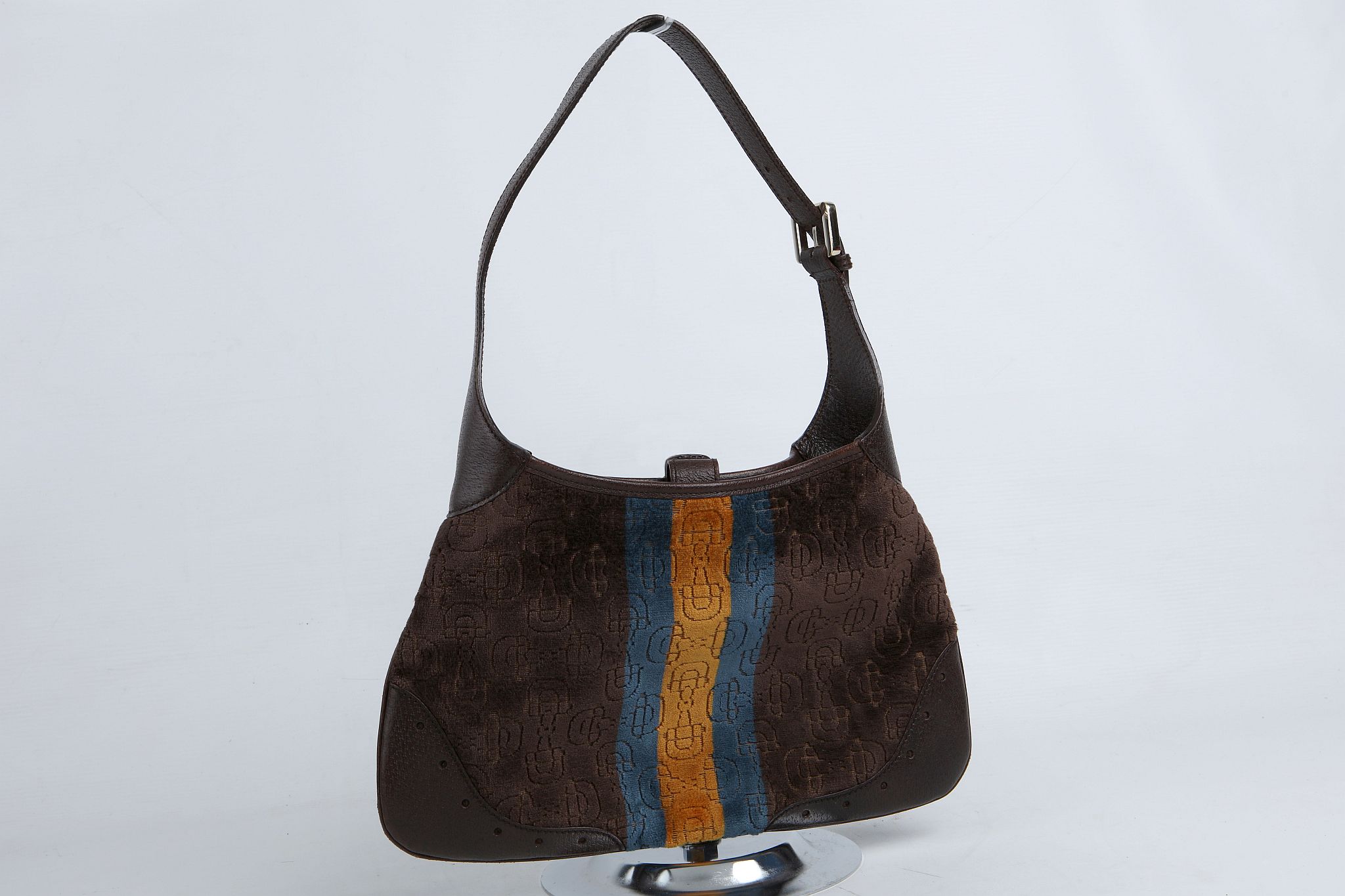 GUCCI JACKIE HANDBAG, brown velvet with yellow and blue central stripe, leather trim, 34cm wide, - Image 3 of 12