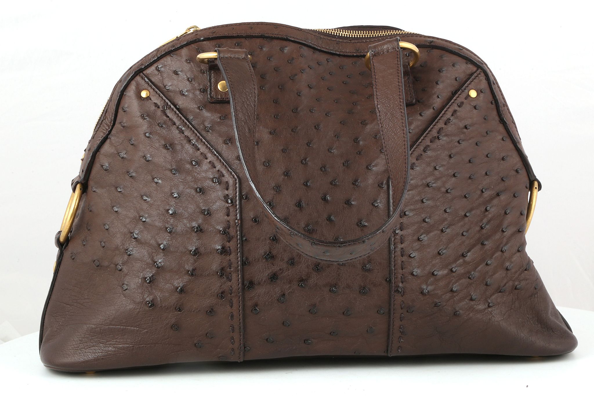 YVES SAINT LAURENT MUSE HANDBAG, brown ostrich skin with gilt metal hardware, 43cm wide, 28cm high - Image 12 of 16