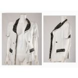 CHANEL WHITE LINEN JACKET, short sleeves with black and white floral print silk trim and lining,