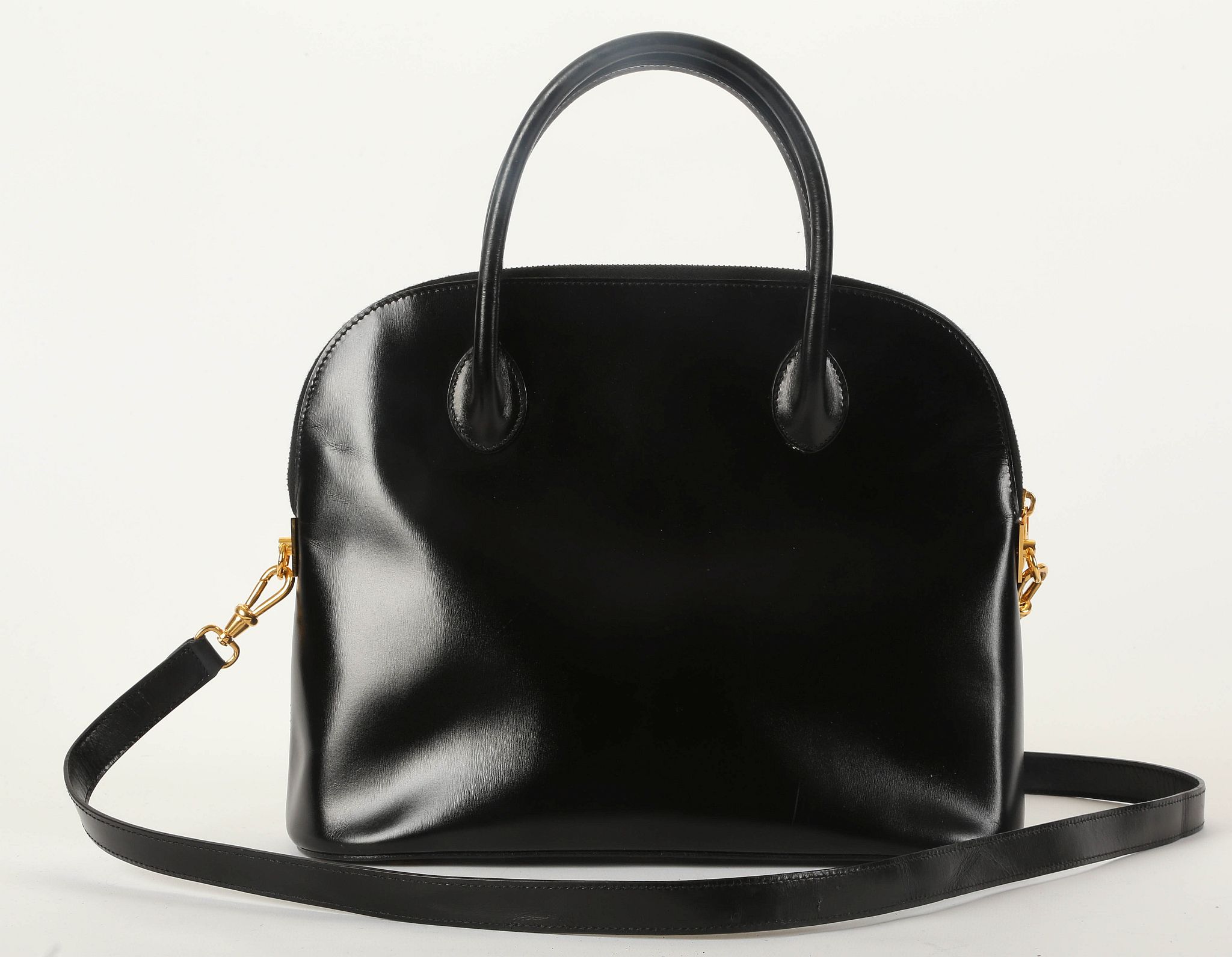 CELINE BLACK BOLIDE STYLE HANDBAG, 1990s, shiny black leather with gilt tone hardware, two rolled - Image 5 of 10