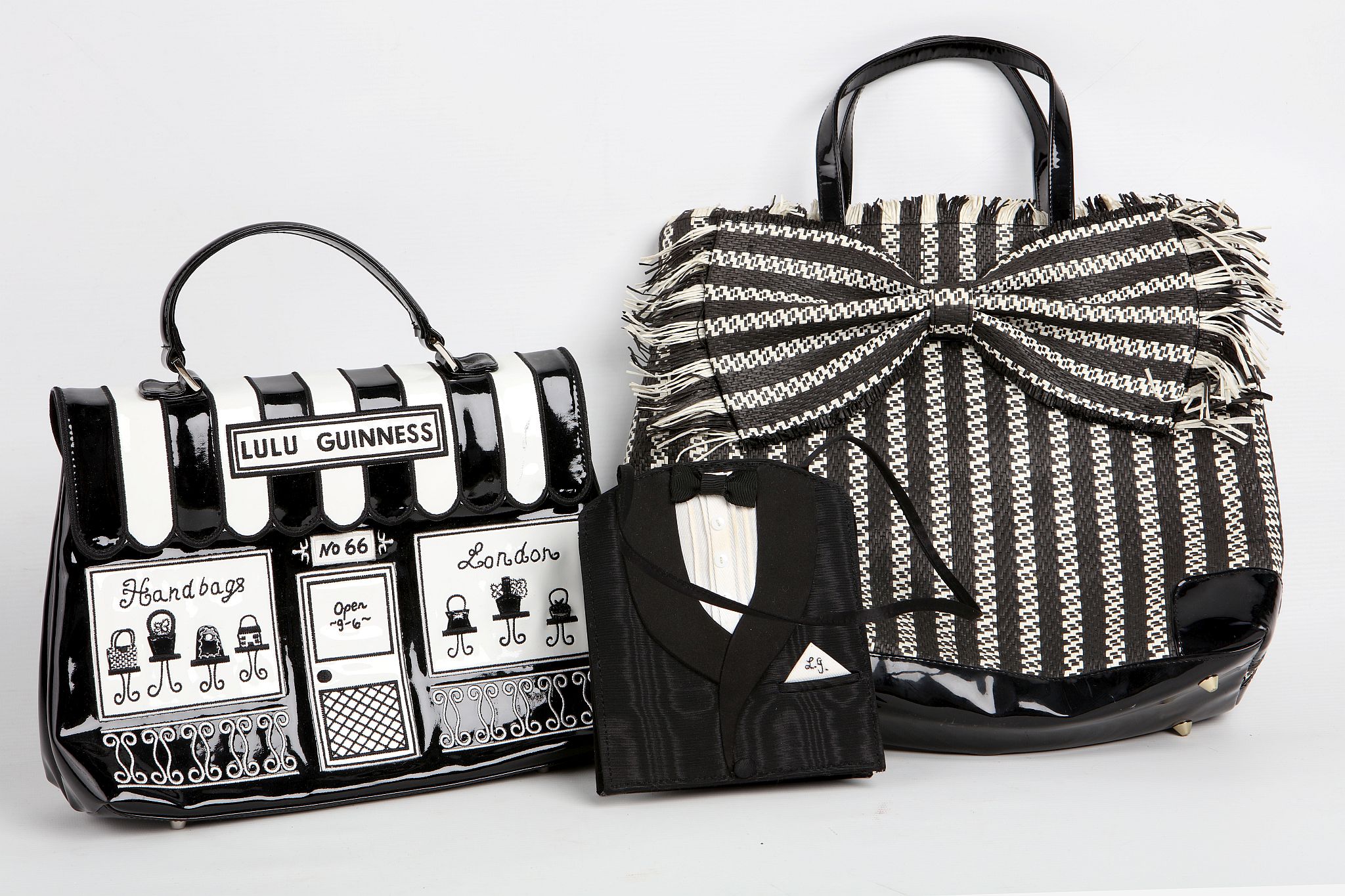 THREE LULU GUINNESS HANDBAGS, one an evening bag in the form of a dinner jacket and shirt, one black - Image 2 of 4
