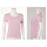 CHANEL BABY PINK COTTON TOP, dated 2003, short sleeves with contrasting taupe stripe at the hips,