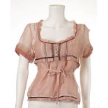 LOUIS VUITTON LIGHT PINK ORGANDY SILK TOP, with velvet and ribbon detail, pink cami under top,