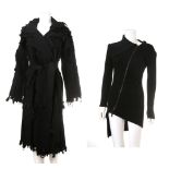 GUCCI LONG BLACK WOOL CARDIGAN, fur and ribbon trim, together with a (nude) black wool long