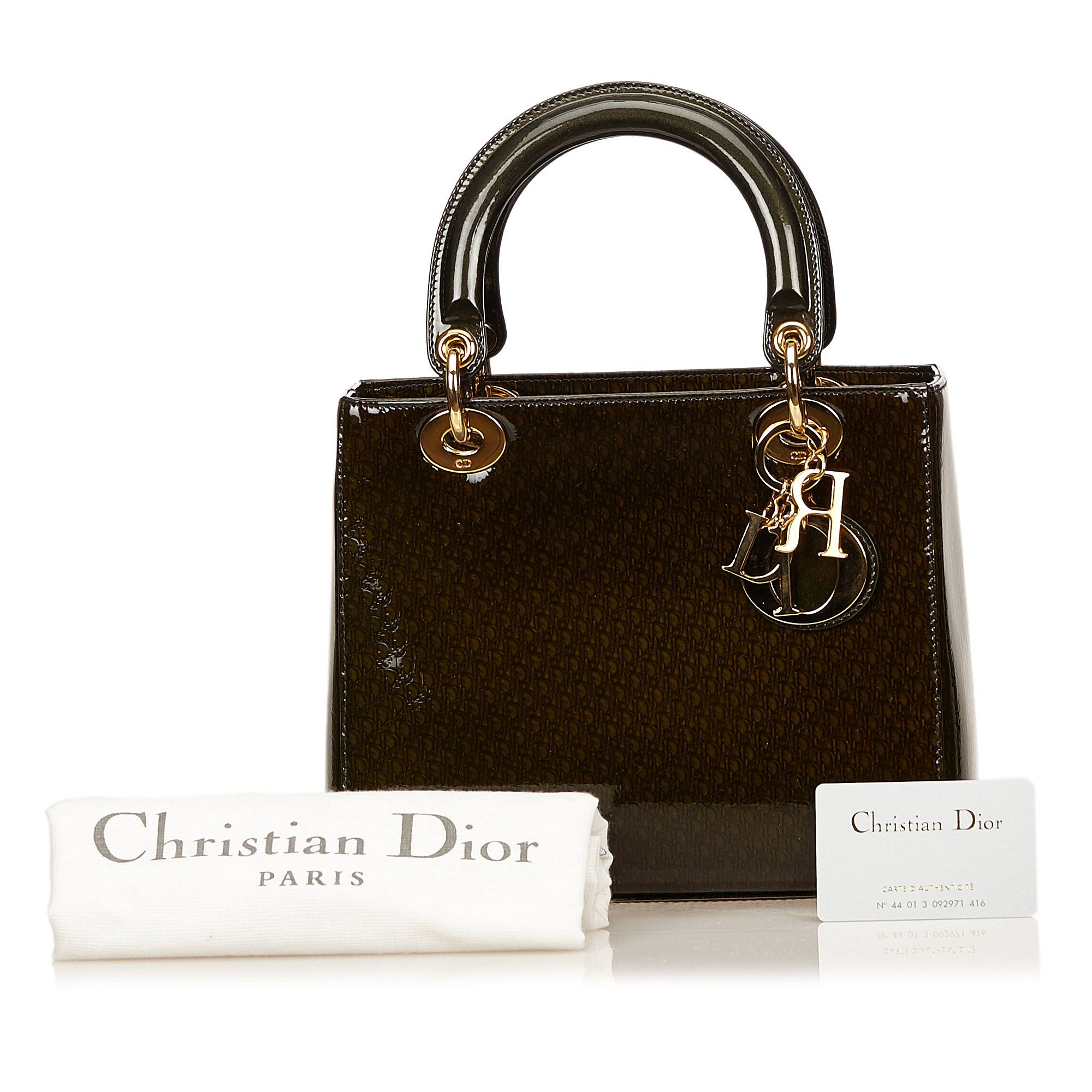 CHRISTIAN DIOR LADY DIOR HANDBAG, black patent Diorissimo leather, 24cm wide, 20cm high, with dust - Image 11 of 12