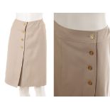 CHANEL TAUPE WOOL SKIRT, dated 1997, wrap around with four gilt buttons, labelled size 44 (UK size