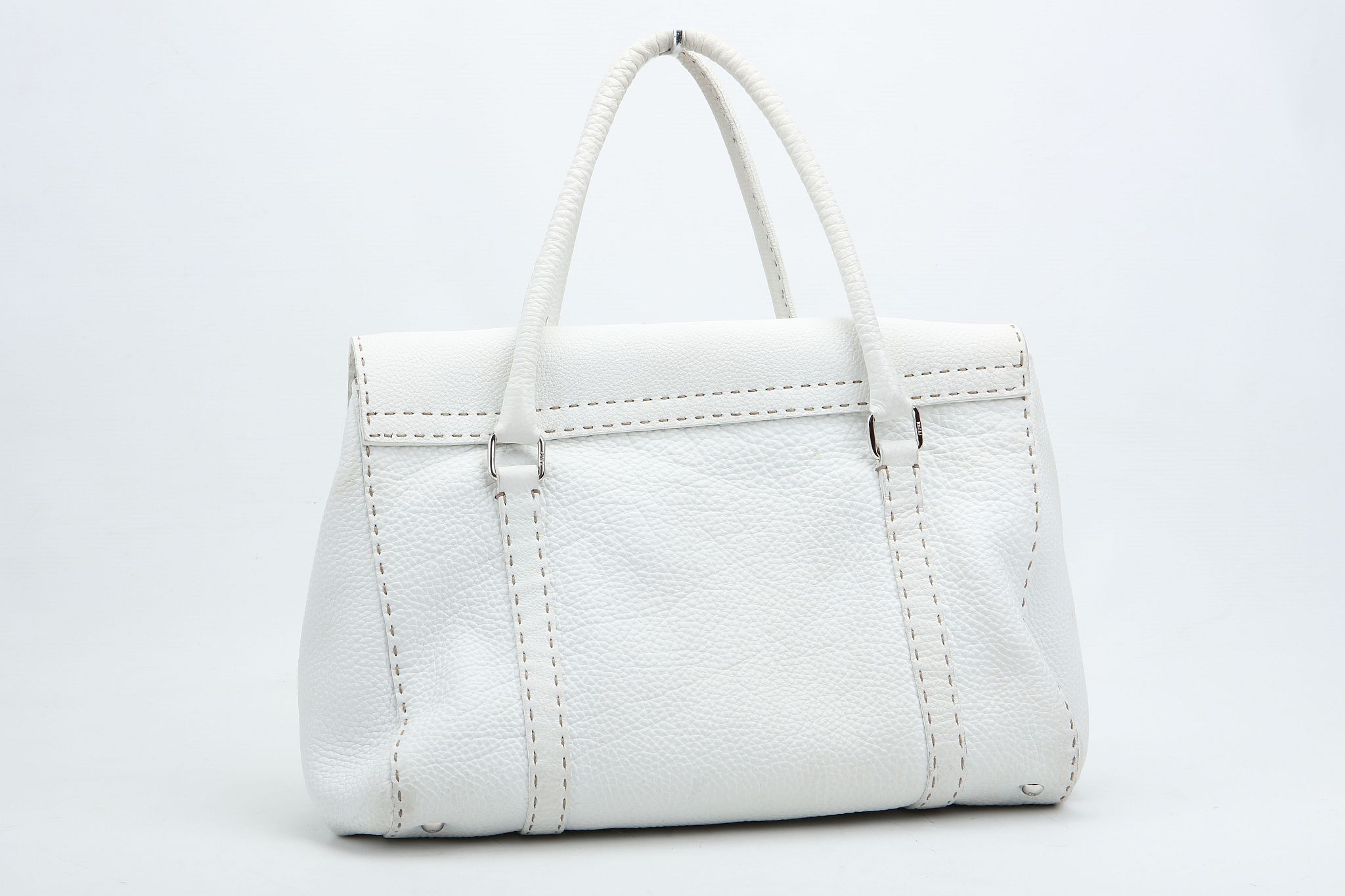 FENDI SELLERIA SHOULDER BAG, white stitched leather with silver tone hardware, 35cm wide, 30cm high, - Image 5 of 12
