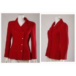 CHANEL RED WOOL JACKET, dated 1995, double breasted with four front pockets, silk lined with