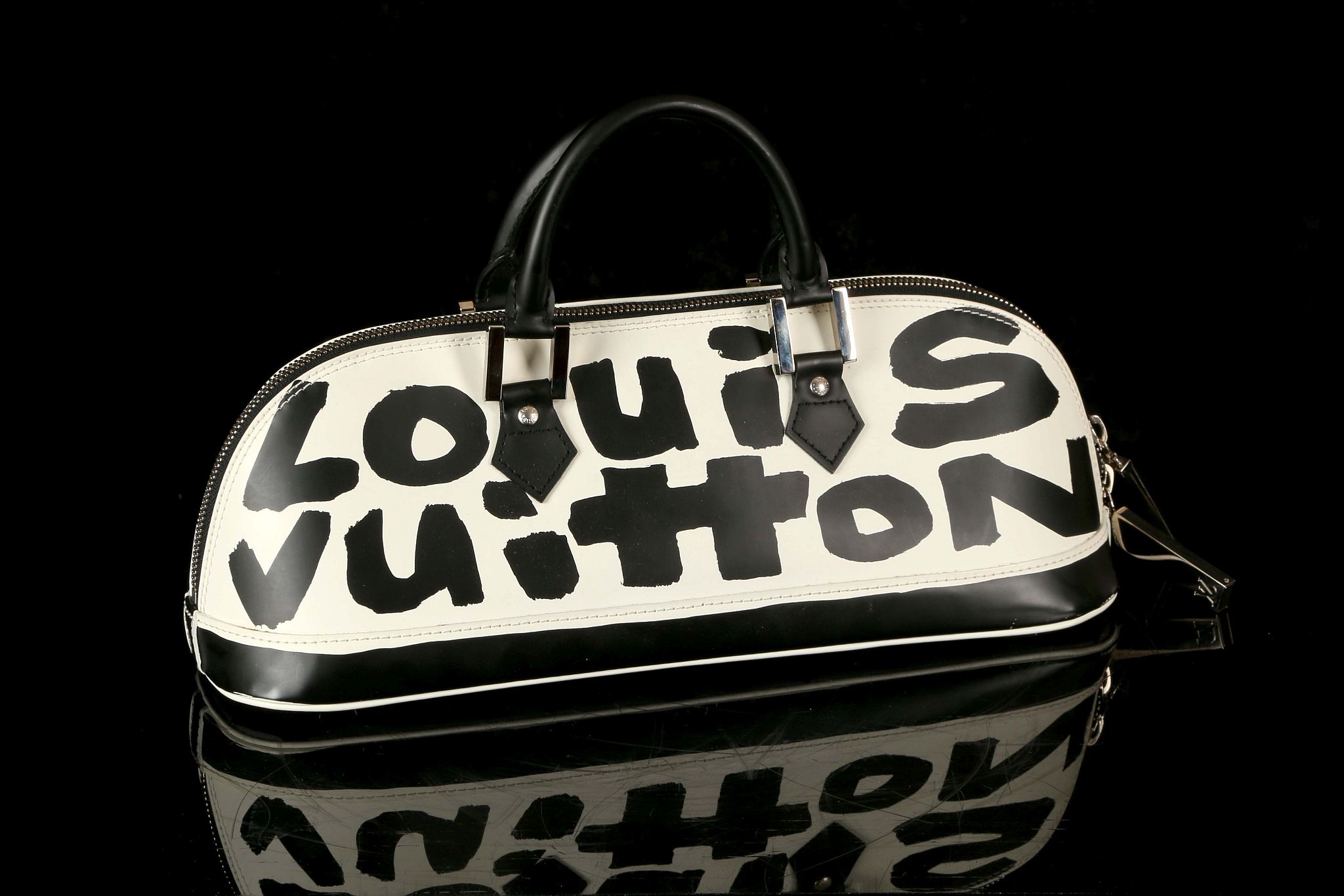 LOUIS VUITTON STEPHEN SPROUSE EAST/WEST ALMA BAG, date code for 2001, black and white graffiti
