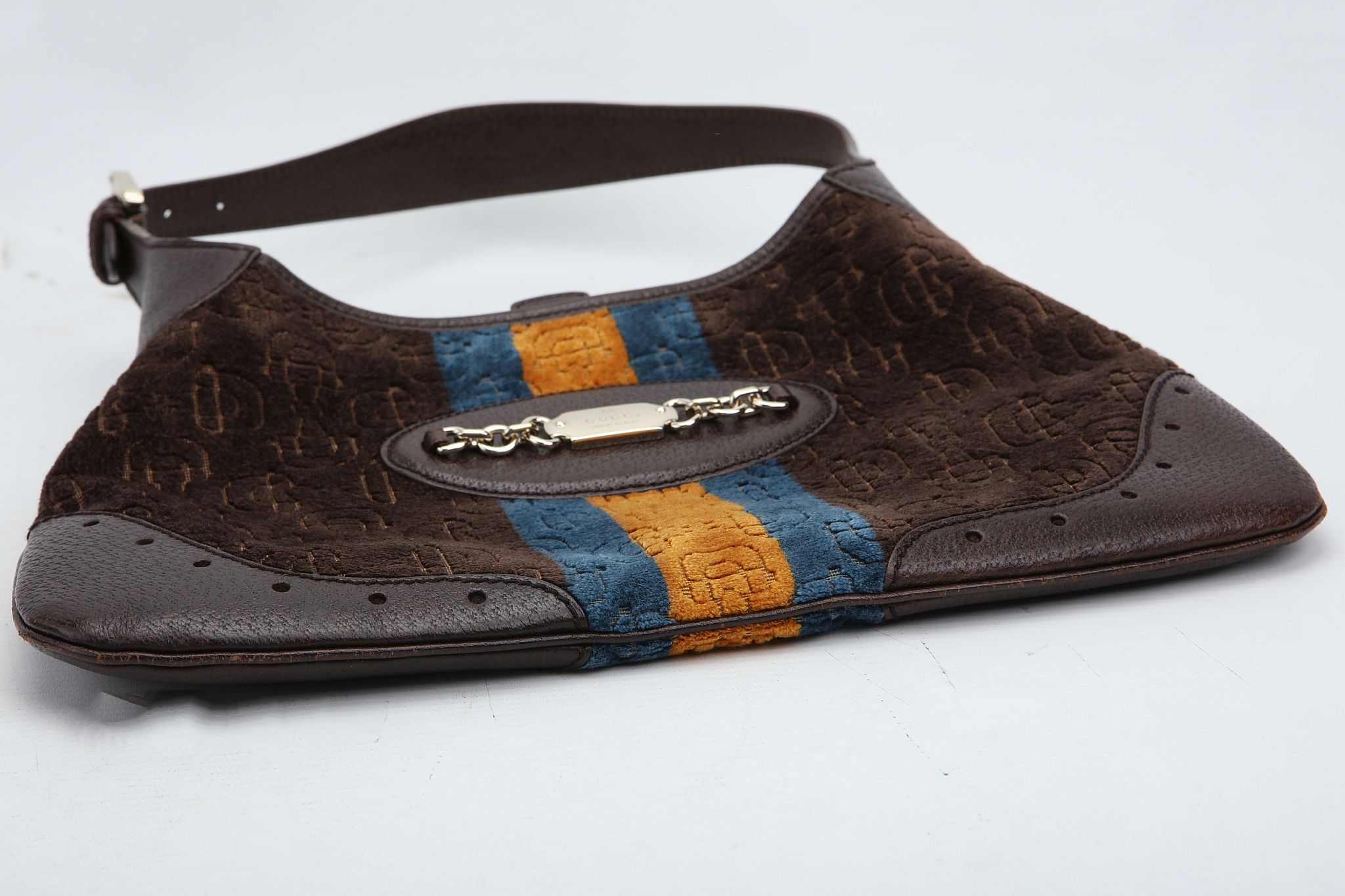 GUCCI JACKIE HANDBAG, brown velvet with yellow and blue central stripe, leather trim, 34cm wide, - Image 6 of 12