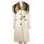 DOLCE AND GABBANA WHITE COAT, mid length with full fur collar and belted waist, size Italian 44 (