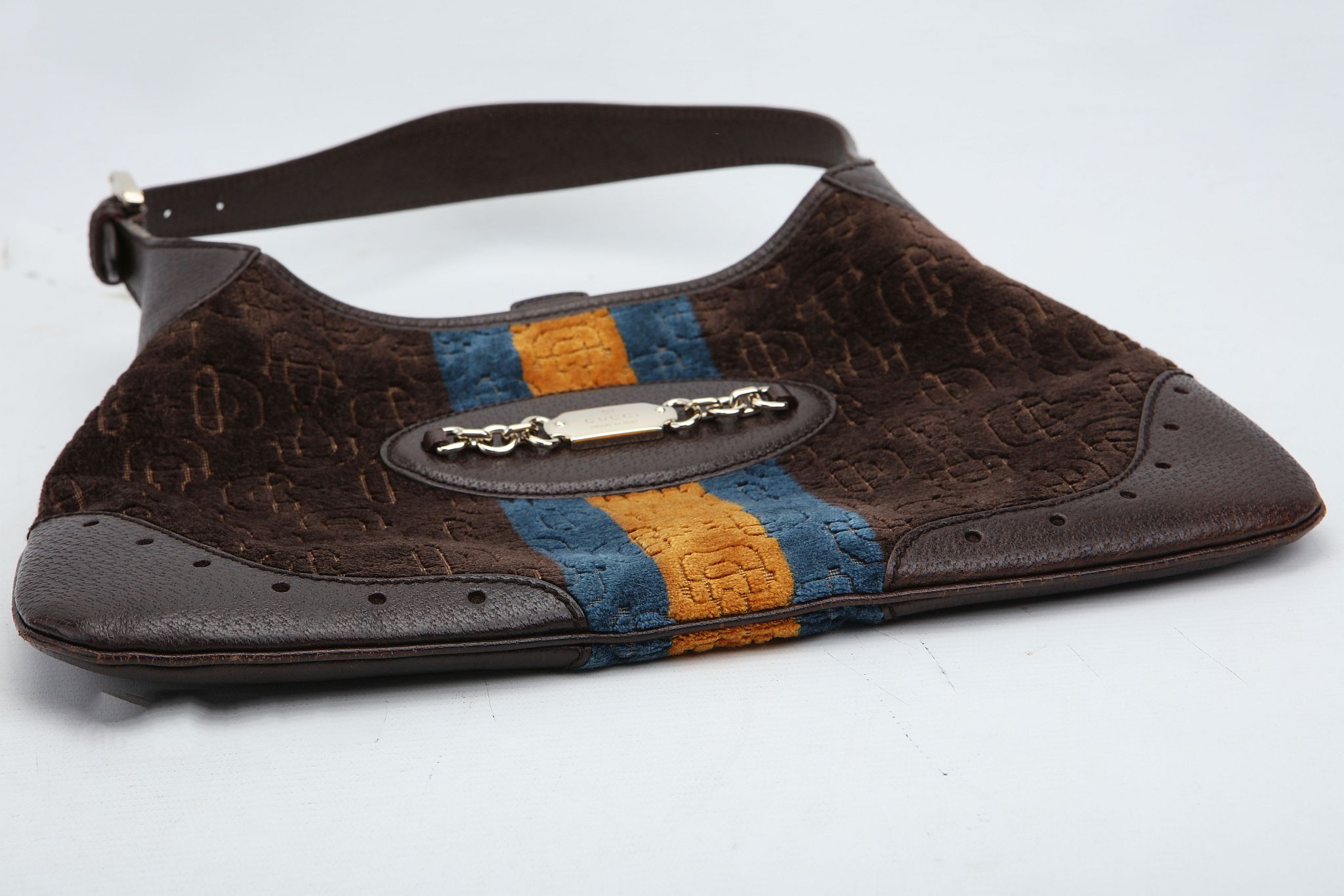 GUCCI JACKIE HANDBAG, brown velvet with yellow and blue central stripe, leather trim, 34cm wide, - Image 5 of 12