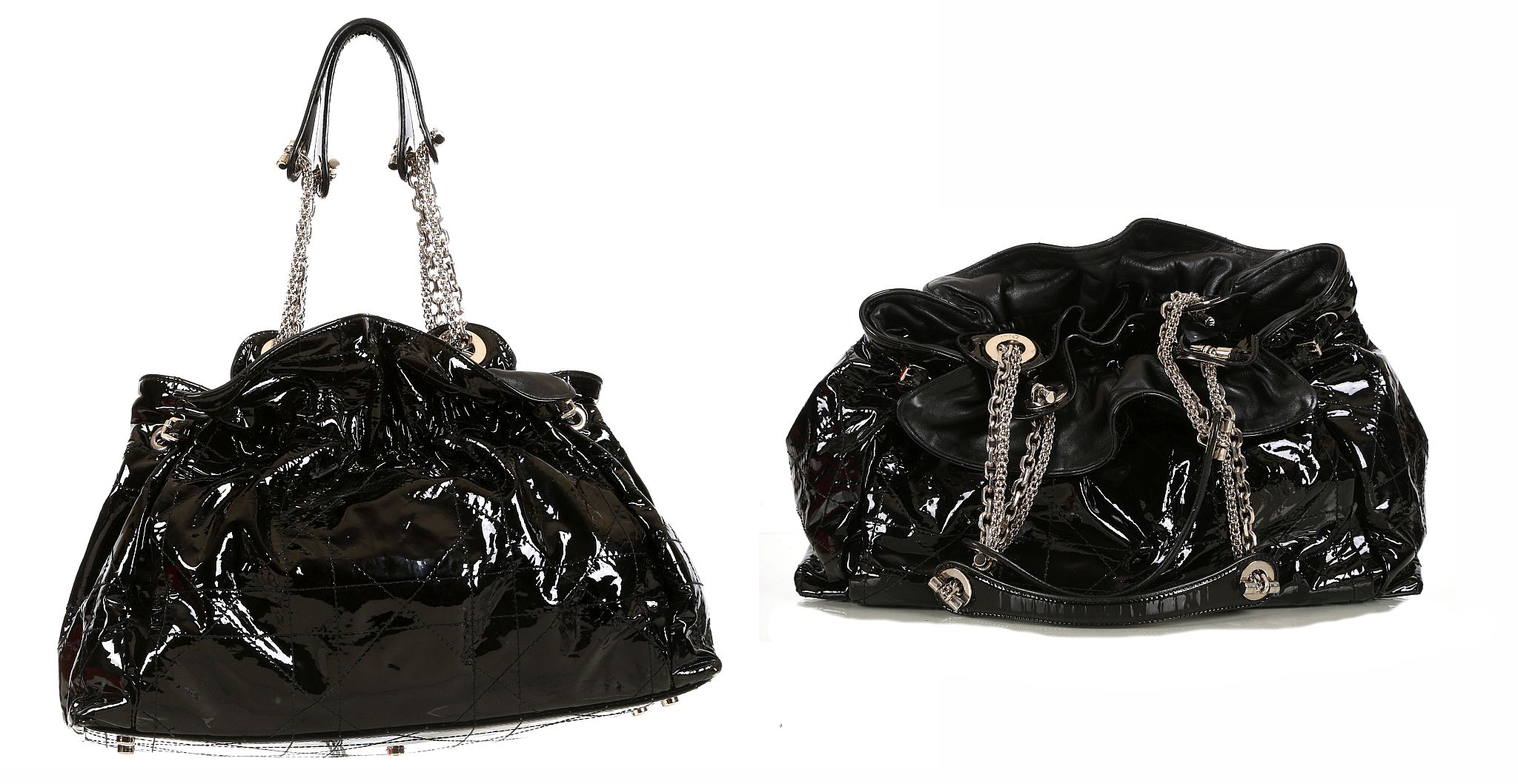 CHRISTIAN DIOR LE TRENTE SHOULDER BAG, black patent cannage lambskin, silvertone hardware with multi