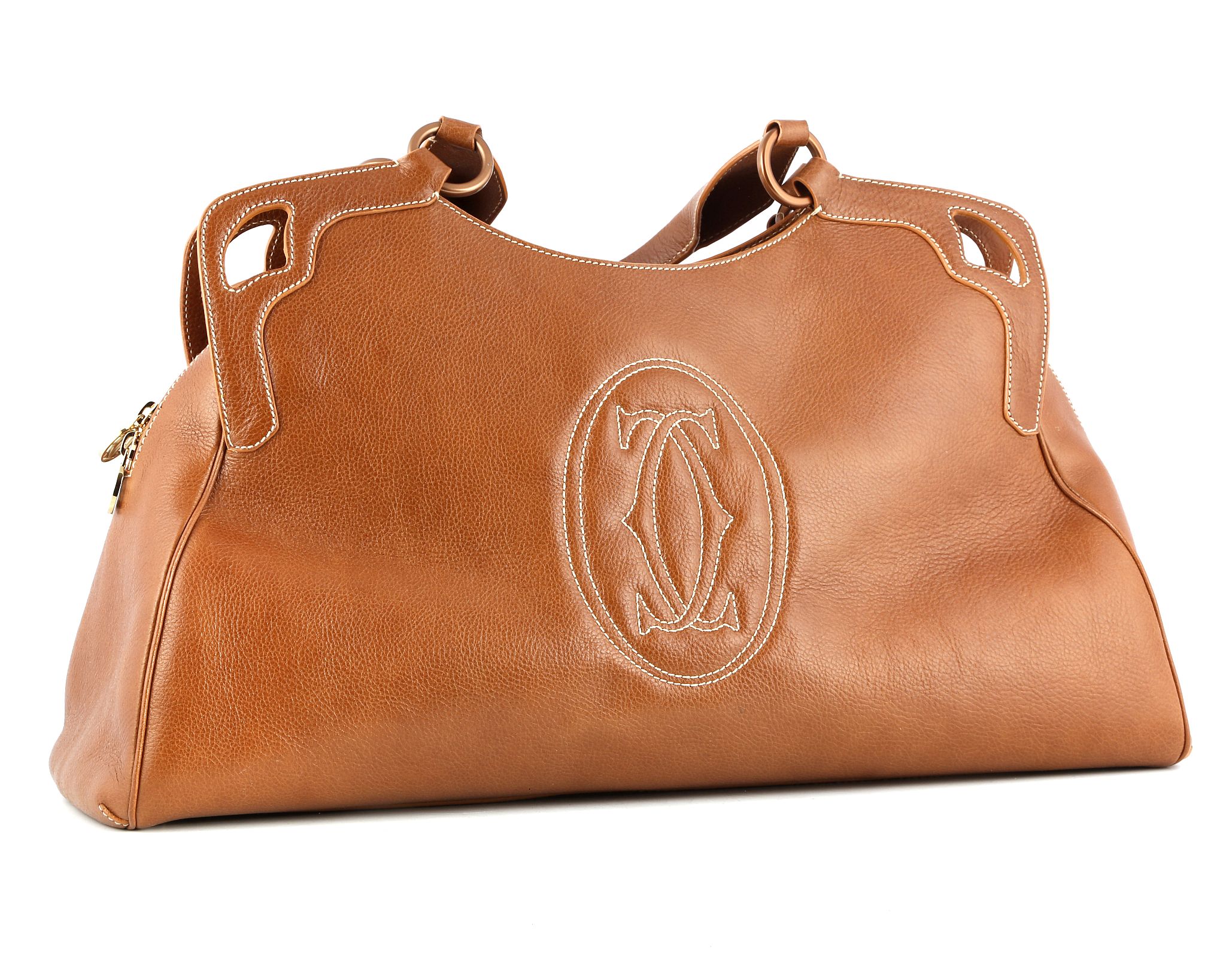 CARTIER MARCELLO DE CARTIER HANDBAG, tan leather with white stitching, 49cm wide, 28cm high, with