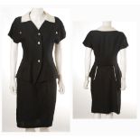 CHANEL BLACK LINEN DRESS, comprising a peplum jacket with short sleeves and later white collar,