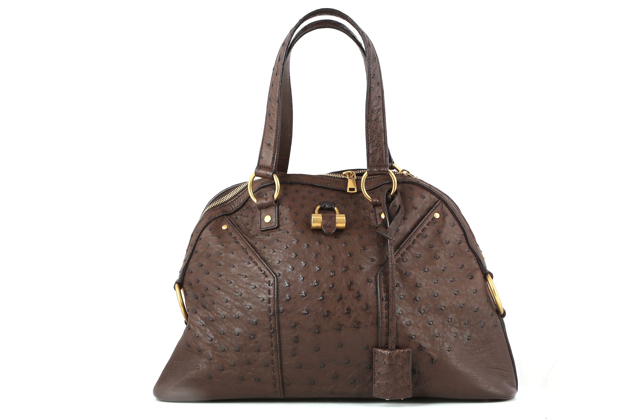 YVES SAINT LAURENT MUSE HANDBAG, brown ostrich skin with gilt metal hardware, 43cm wide, 28cm high - Image 3 of 16