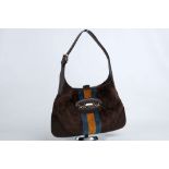 GUCCI JACKIE HANDBAG, brown velvet with yellow and blue central stripe, leather trim, 34cm wide,