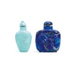 A CHINESE TURQUOISE ‘LADY’ SNUFF BOTTLE TOGETHER WITH A LAPIS LAZULI ‘TIGER’ SNUFF BOTTLE. 20th