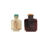 TWO CHINESE SQUARE AGATE SNUFF BOTTLES. Qing Dynasty. The rectangular body supported on a short foot
