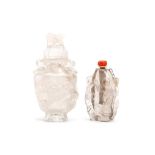 A CHINESE ROCK CRYSTAL VASE AND COVER TOGETHER WITH A ‘BOYS’ SNUFF BOTTLE. Late Qing Dynasty. The