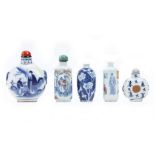 FIVE BLUE AND WHITE SNUFF BOTTLES. Qing Dynasty. Three decorated with figurative scenes, one with