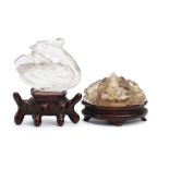 A CHINESE ROCK CRYSTAL CARVING OF A CRAB TOGETHER WITH A BIRD. 19th / 20th Century. The bird