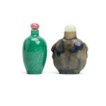 A CHINESE APPLE GREEN AND STREAKY BLUE-GLAZED SNUFF BOTTLE. Qing Dynasty. 7.5cm H. (2) Provenance: