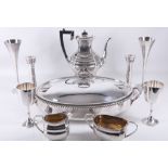 A collection of silver plated items to include a large oval entree dish, a 3 piece tea set by