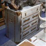 Chest with 3 drawers, lift up top, aluminium aviator design, 89cm wide.