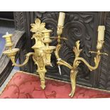 A pair of gilt brass neo-classical twin branch wall lights and another pair of wall lights (4).