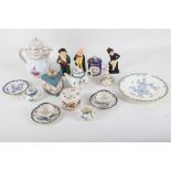 A collection of small decorative ceramics, including a Meissen chocolate pot, three Royal Doulton