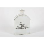 A Chinese grisaille decorated tea caddy and cover, decorated with a European landscape scene, 13cm