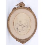 An oval framed picture, pencil and wash sketch of 2 young girls, gilt framed, with a watercolour