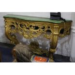 A pair of gold painted rococo style console table with green painted tops, 136 x 40 x 89cm.