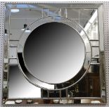 A square wall mirror, central circle Deco design, 110cm.