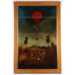 A 1970's reverse printed glass picture featuring the ascent of a hot air balloon with onlookers,