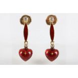 Faberge, A pair of yellow metal, diamond, and red enamel heart-shaped drop earrings, the butterflies