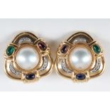 A pair of yellow metal, faux pearl, and gemstone set earrings, of trefoil form, stamped 14KT. W: