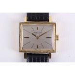 A ladies vintage 18 carat yellow gold Favre-Leuba dress watch on black strap, boxed, together with